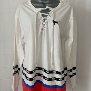 PINK Victoria’s Secret White Striped Long Sleeve Drawstring Shirt Womens Medium